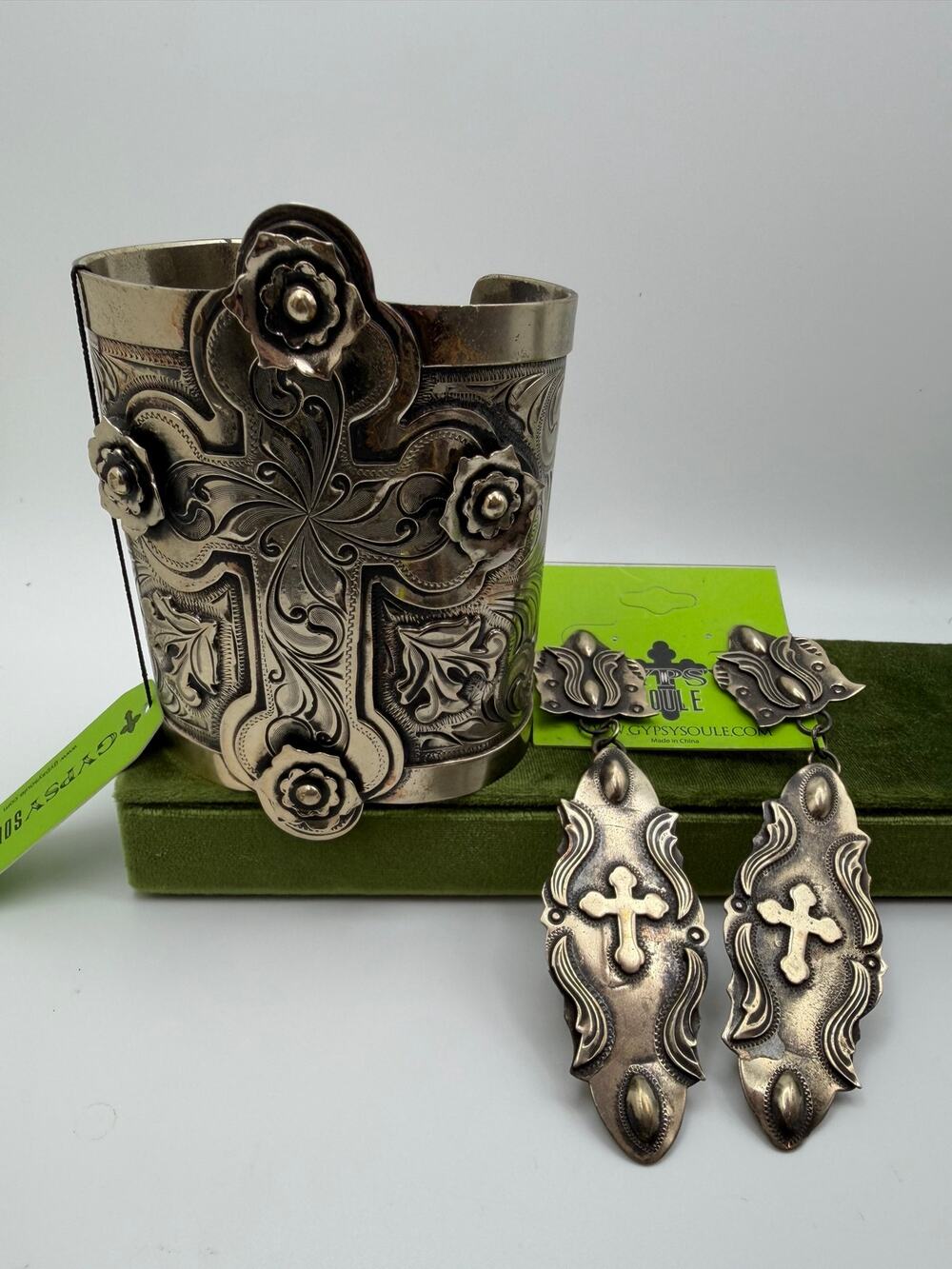 Gypsy Soule set Artisan Collection silver cross cuff bracelet and earrings
